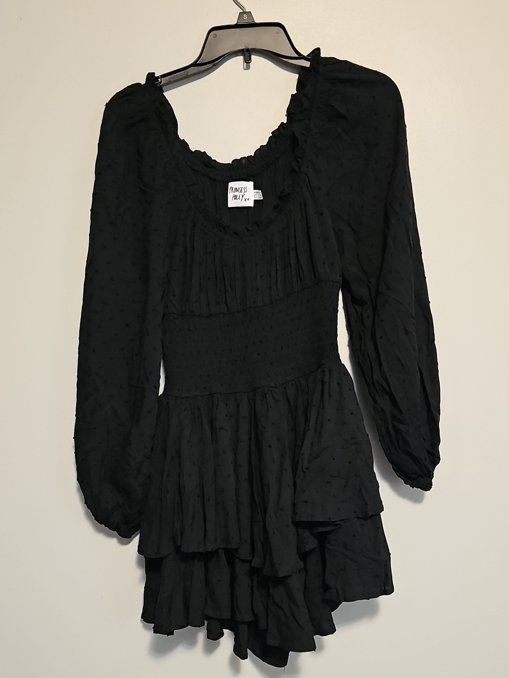 Princess Polly Black Long Sleeve Tiered Romper Smocked Waist Swiss Dot
